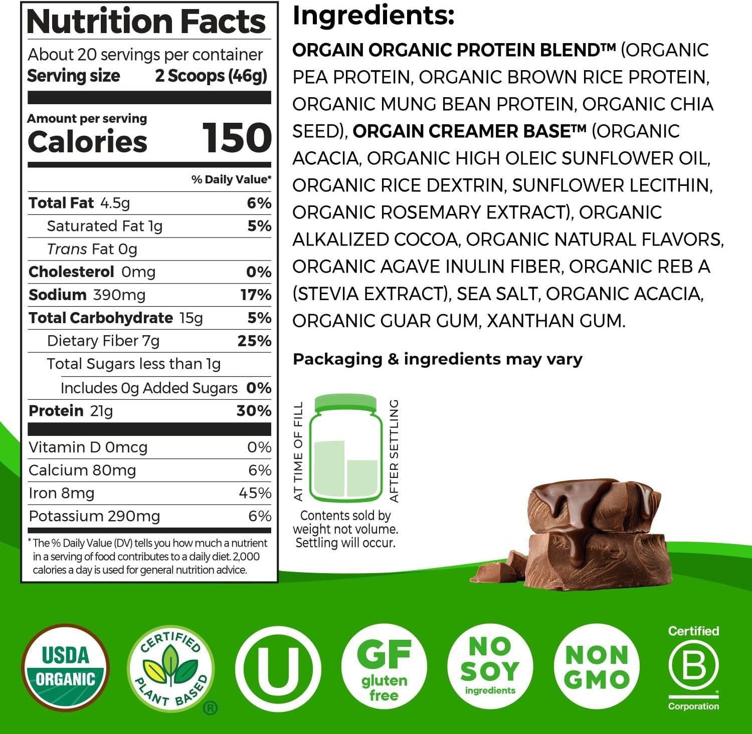 Organic Vegan Protein Powder, Creamy Chocolate Fudge - 21G Plant Protein, 6G Prebiotic Fiber, Low Net Carb, No Lactose Ingredients, No Added Sugar, Non-Gmo, for Shakes & Smoothies, 2.03 Lb