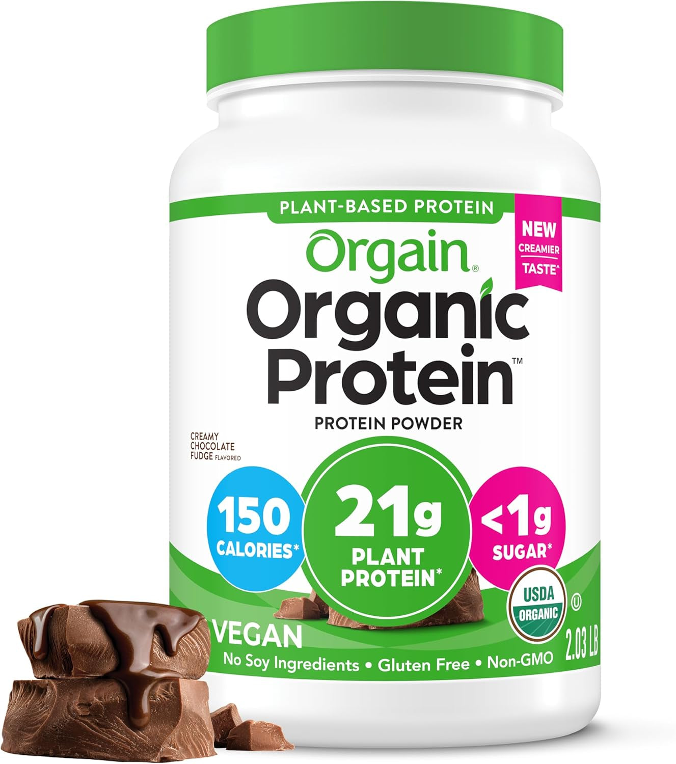 Organic Vegan Protein Powder, Creamy Chocolate Fudge - 21G Plant Protein, 6G Prebiotic Fiber, Low Net Carb, No Lactose Ingredients, No Added Sugar, Non-Gmo, for Shakes & Smoothies, 2.03 Lb