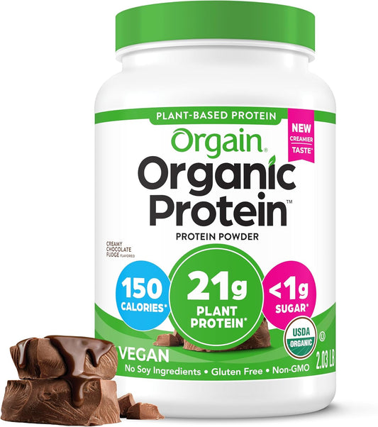 Organic Vegan Protein Powder, Creamy Chocolate Fudge - 21G Plant Protein, 6G Prebiotic Fiber, Low Net Carb, No Lactose Ingredients, No Added Sugar, Non-Gmo, for Shakes & Smoothies, 2.03 Lb